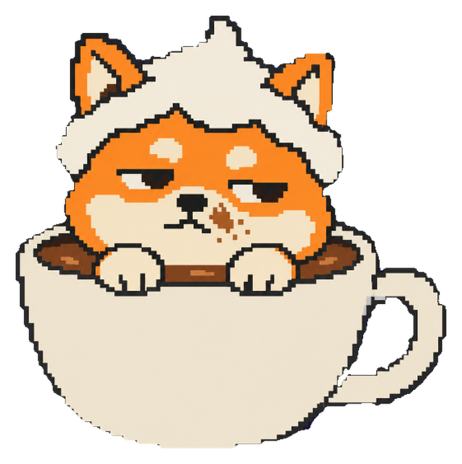 Cappuccinu, a pixel-art shiba with a crown of foam, sitting inside a white cappuccino cup