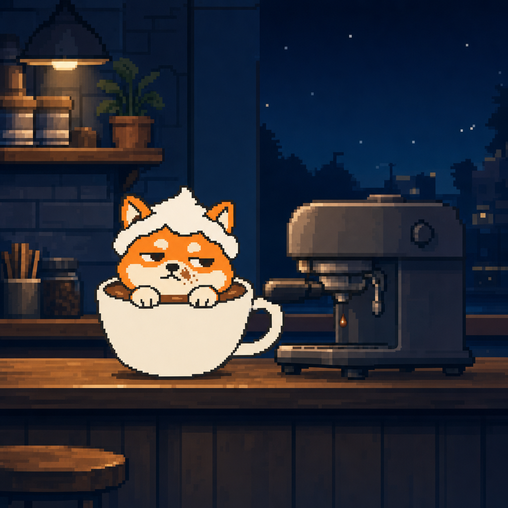 Cappuccinu in his cup on a wooden café counter beside an espresso machine, at night